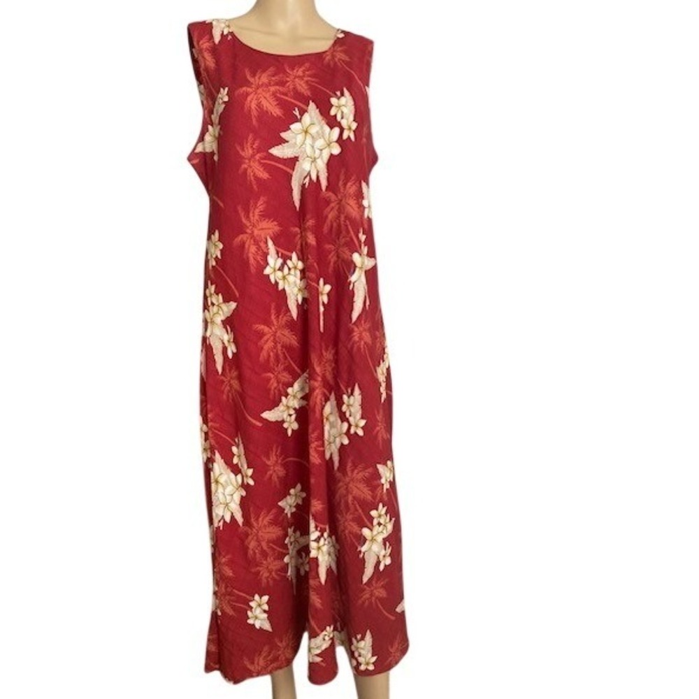 Hibiscus Collection Hawaiian 2XL Red Tropical Midi Dress  Vtg Romantic
